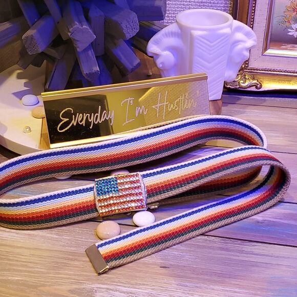 Vintage Adjustable Rainbow Flag Rhinestone Buckle Belt - Picture 2 of 5